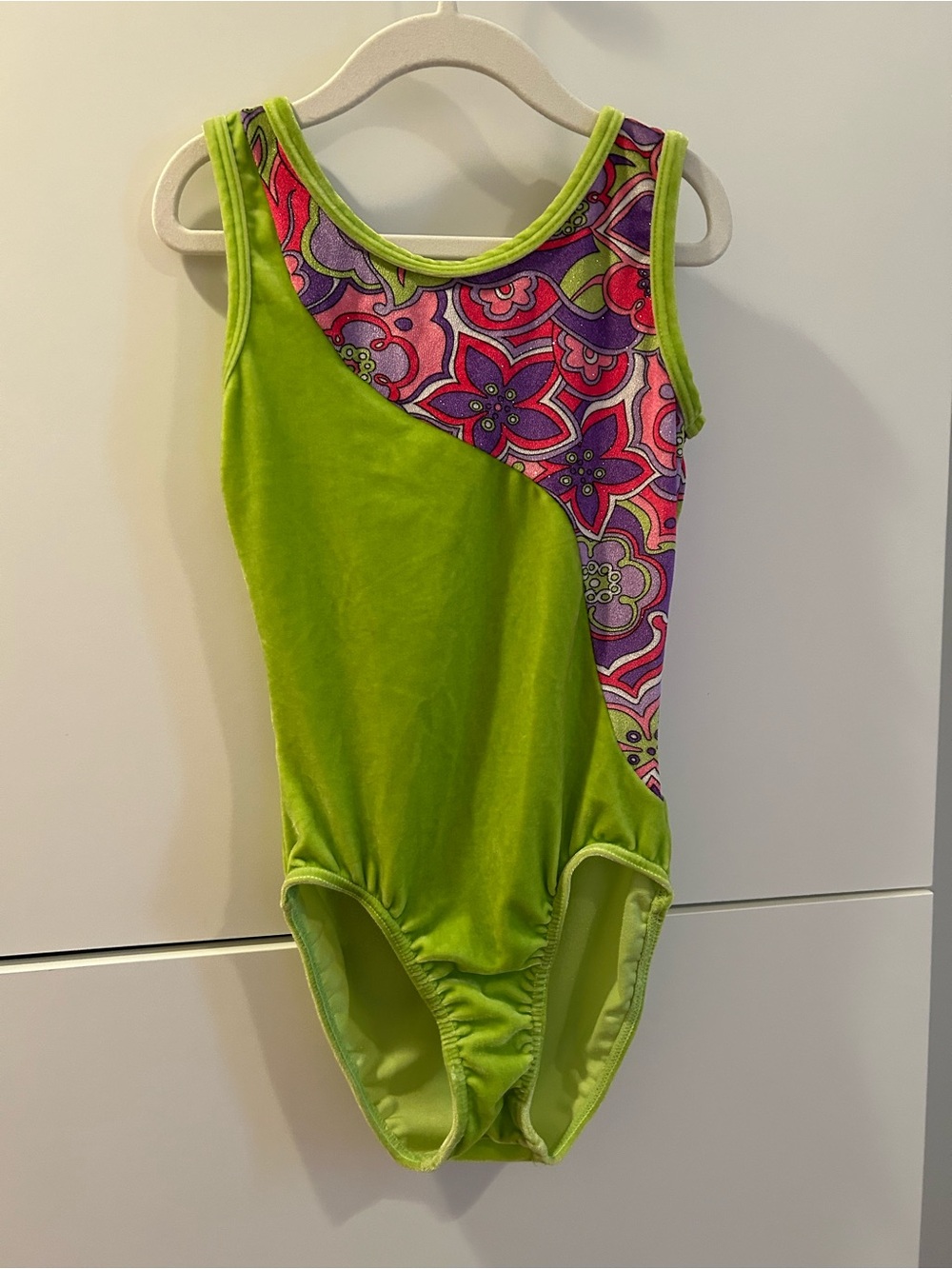 Mondor Girls' Lime Green Floral Panel Dance or Gymnastics Leotard - 10/12